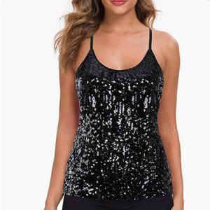 MANER Women’s Sequin Tops Glitter Party Strappy Tank Top Sparkle Cami